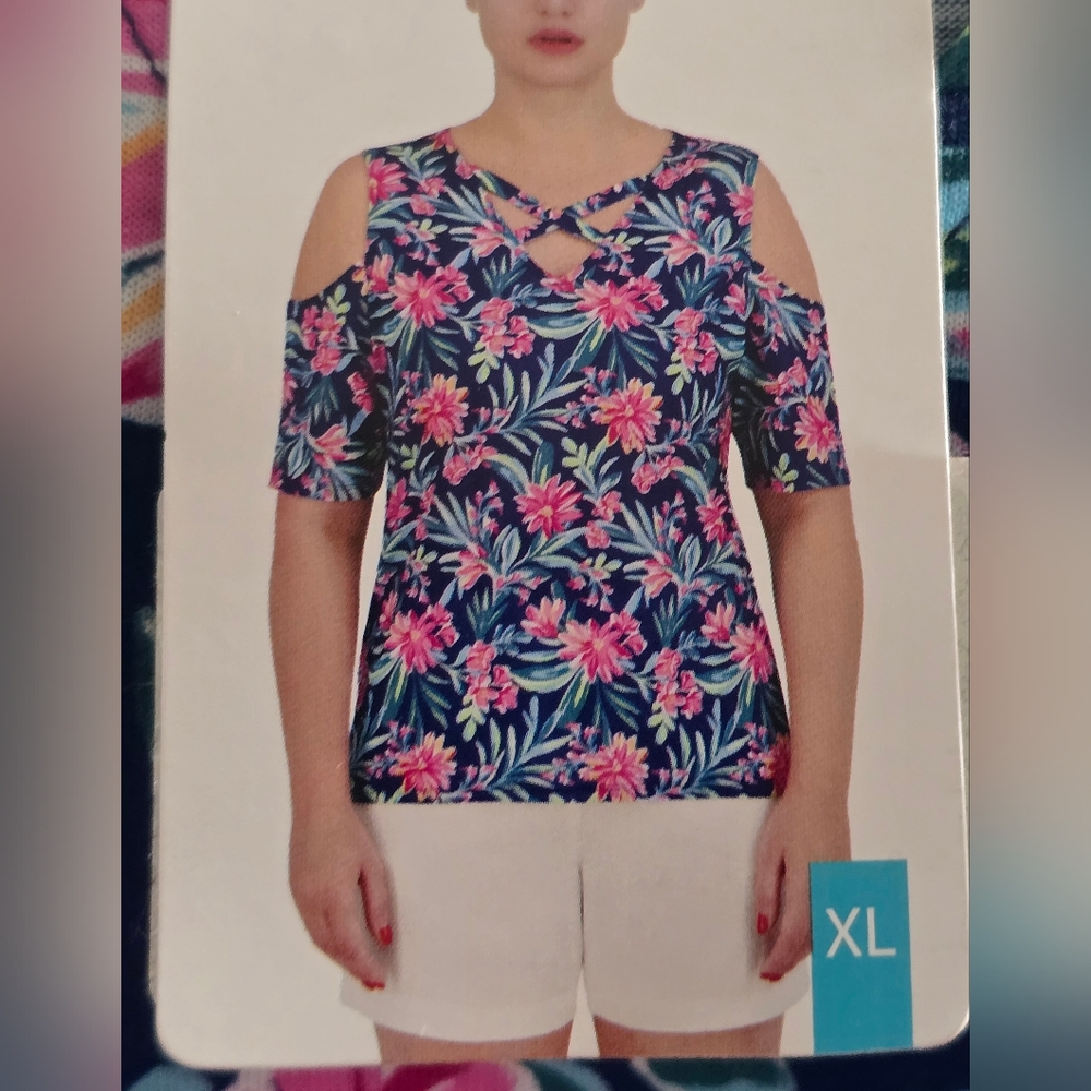 NWT Stella Parker Shirt Womens XL Colorful Floral Cold Shoulder Top Stretch Blue